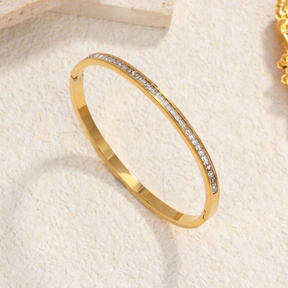 18K Gold Plated Zircon Bangle Bracelet | Waterproof, Tarnish Resistant S/S - Picture 1 of 2
